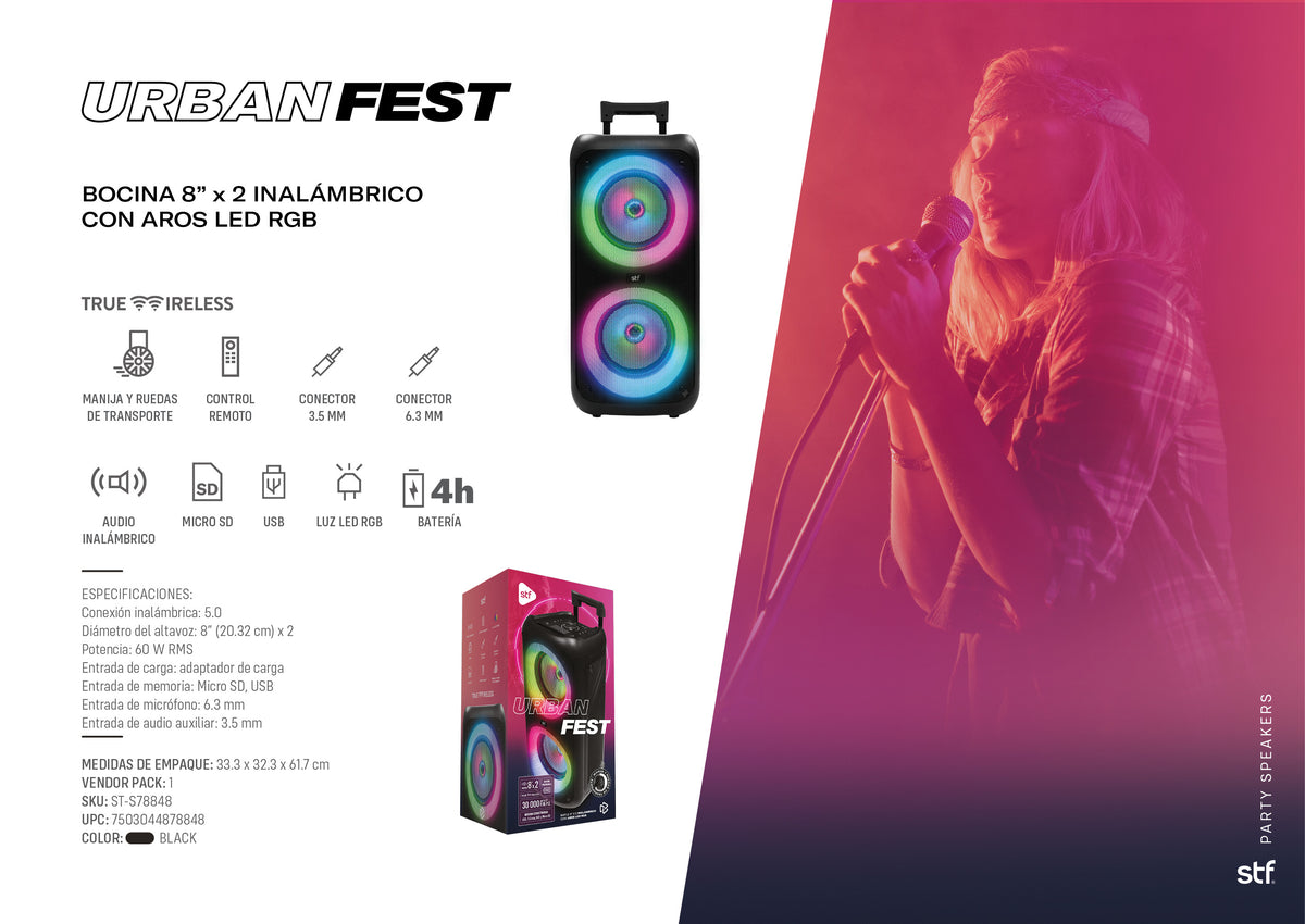Bafle Bocina Portatil Urban Fest 8x2 STF 60W, 4 hrs