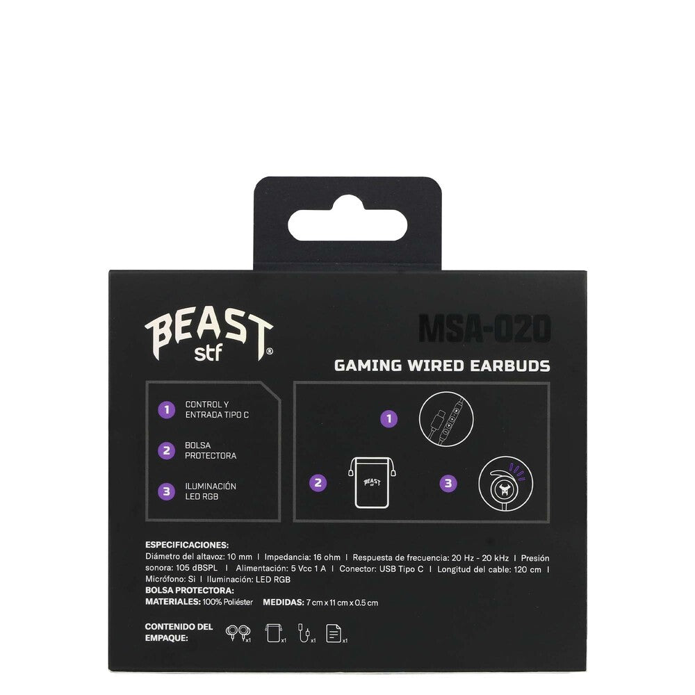 Audifonos Alambricos In Ear MSA-020 Gaming Beast STF USB-C Microfono Cable 120cm Luz Led