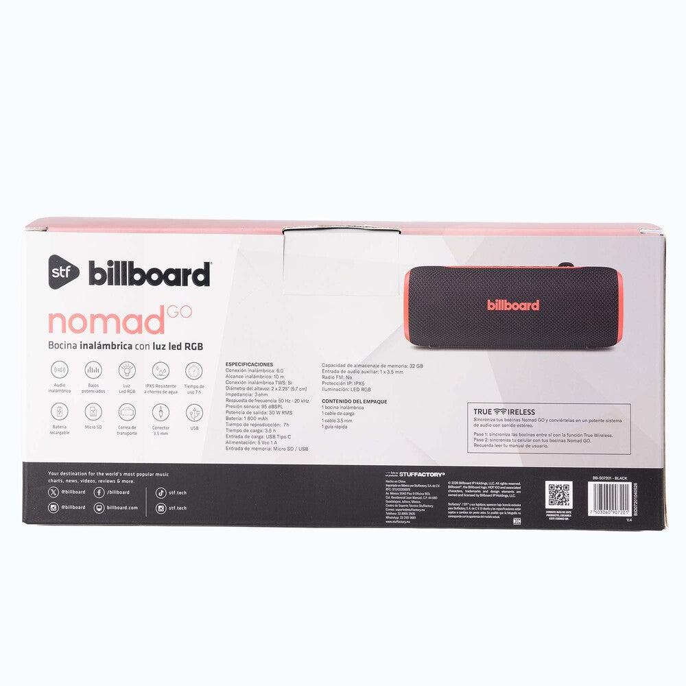 Bocina Portátil Billboard Nomad GO STF 30W 6hrs Uso Función Tws IPX5 Rojo