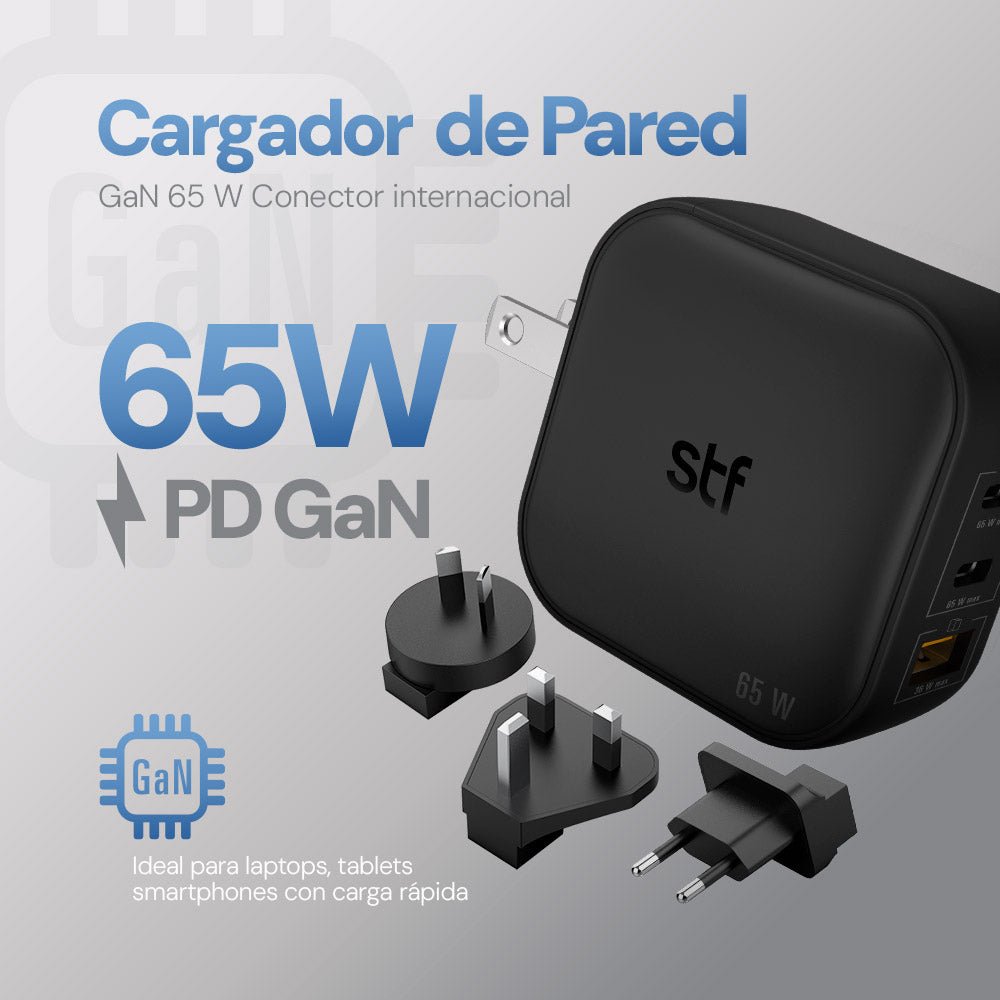 Cargador Pared STF GaN 65W 3 Salidas + Adaptadores UK/EU/AU Carga Ultra Rápida