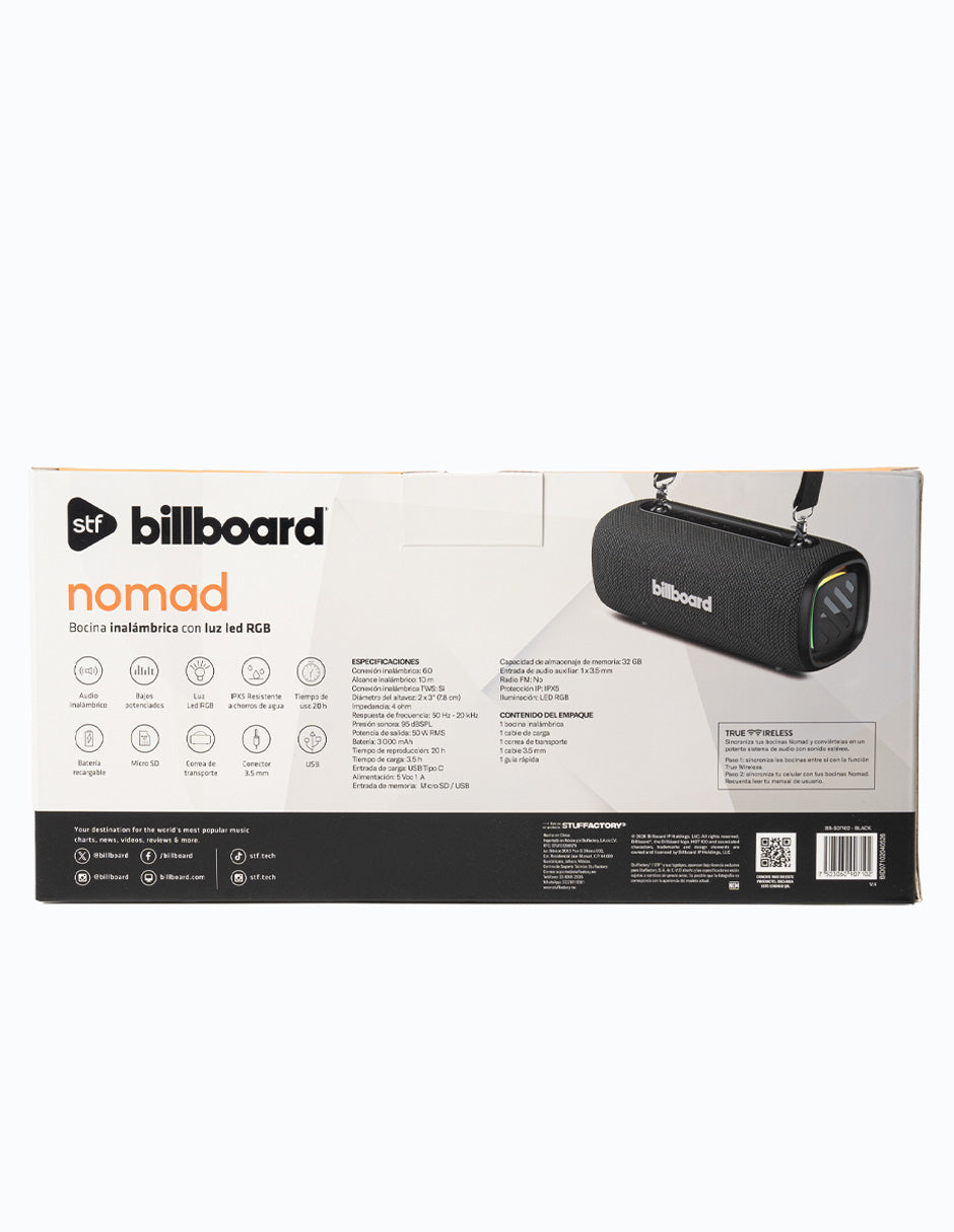 Bocina Portátil Billboard Nomad STF 50W 6hrs Uso Función Tws IPX5 Negro