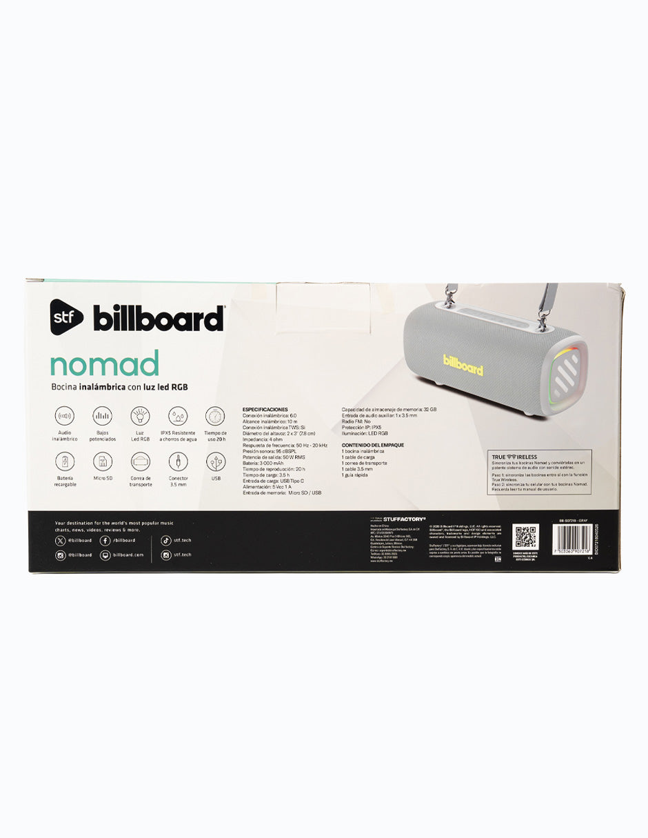 Bocina Portátil Billboard Nomad STF 50W 6hrs Uso Función Tws IPX5 Gris