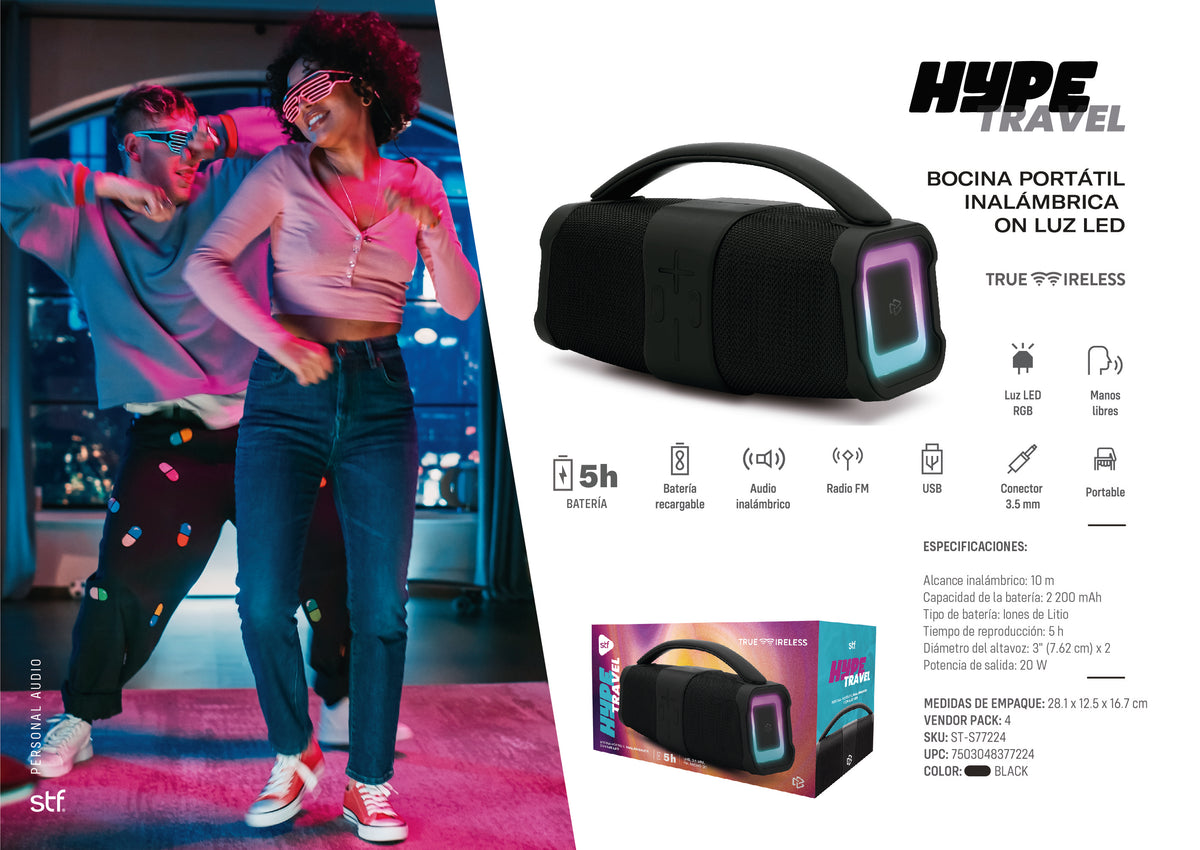 Bocina Portatil Hype Travel STF 20W 5hrs Uso Funcion Tws