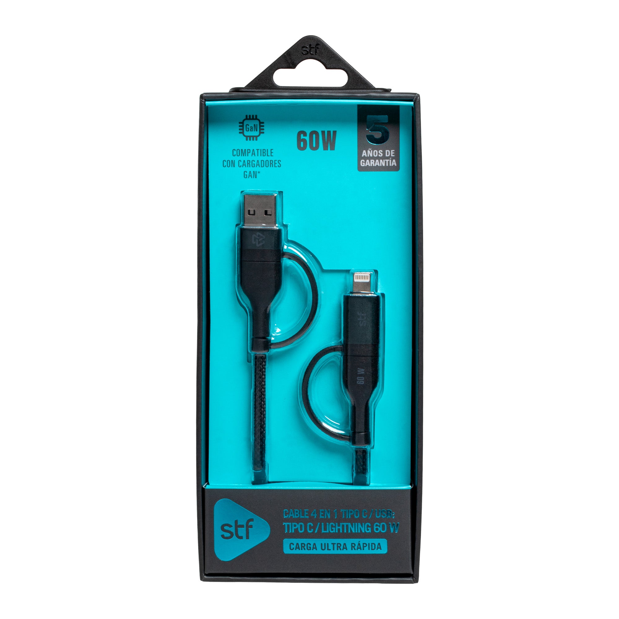 Cable 4 en 1 Tipo C/USB a Tipo C/Lightning STF 60W Carga Rápida 1.8m