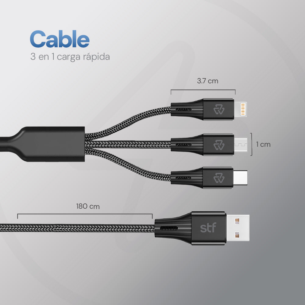 Cable 3 en 1 STF USB a Micro USB/Tipo C/Lightning Carga Rápida 2A 1.8m