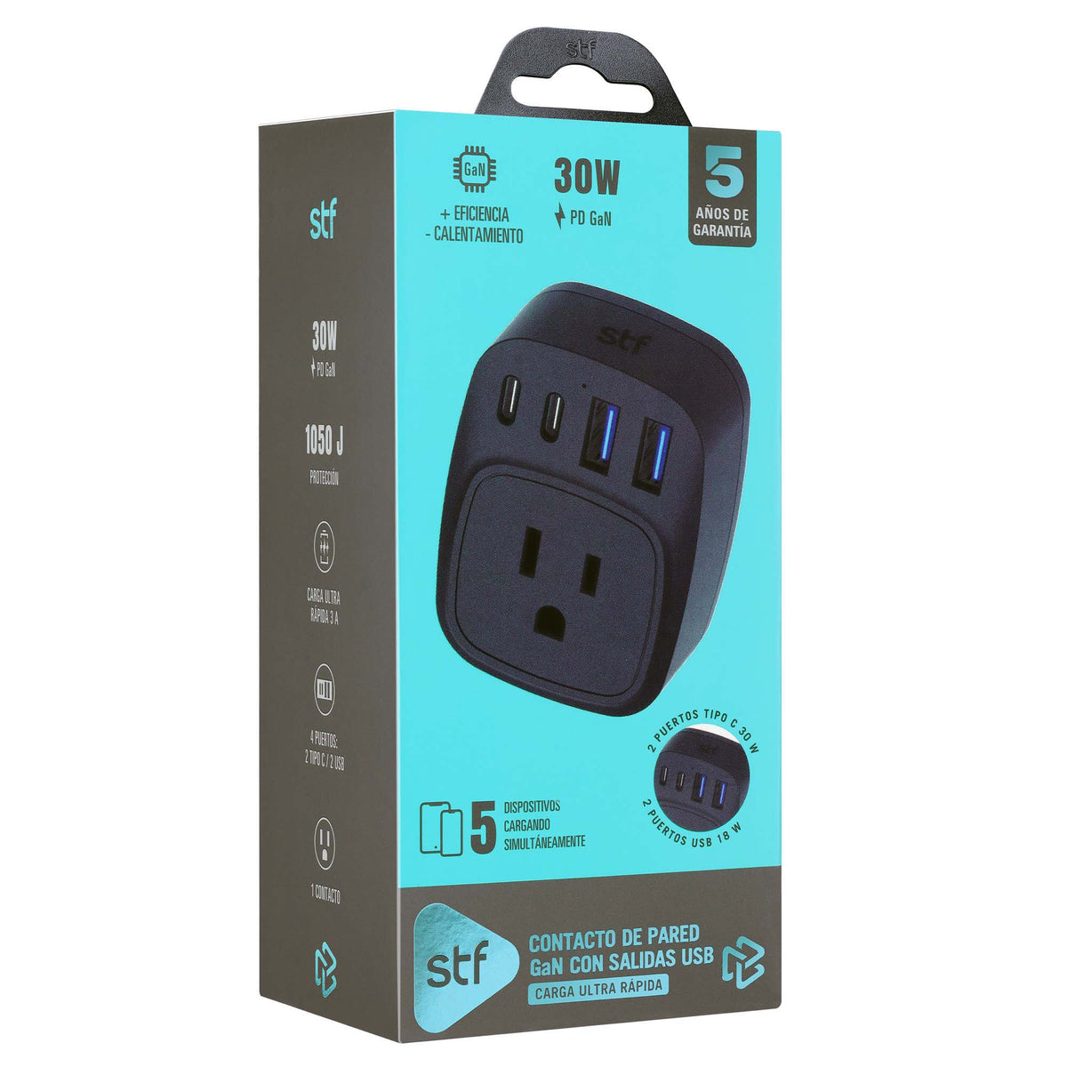 Contacto pared STF GaN 30W USB y USB-C - Carga ultra rápida 5 dispositivos