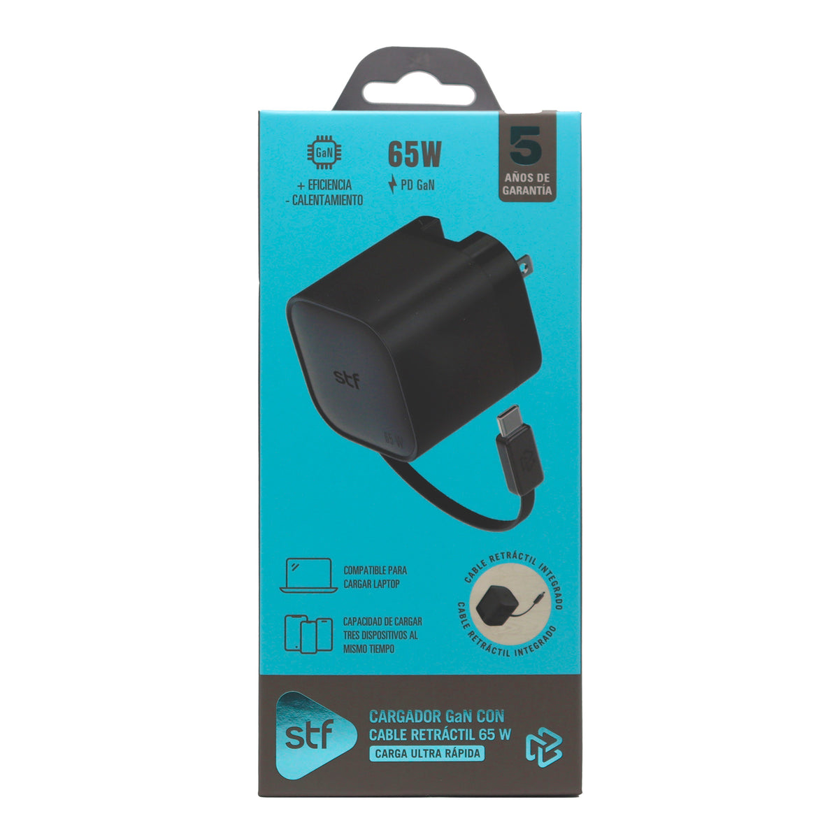 Cargador Ultra Rápido Retráctil STF 65W, Tecnología GaN, Tipo C