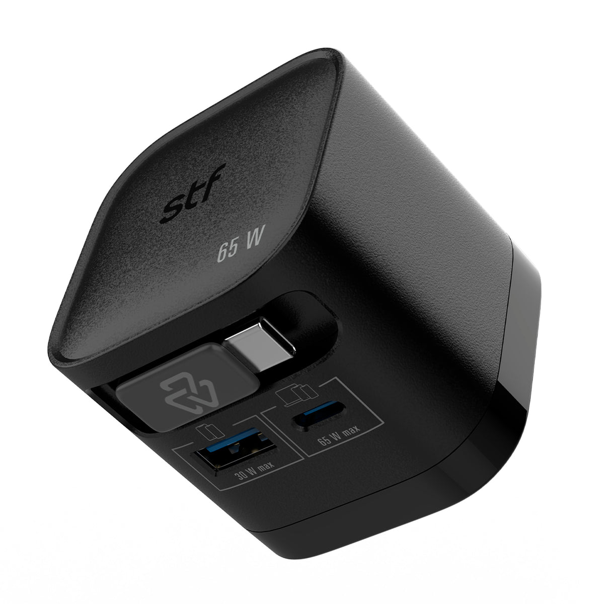 Cargador Ultra Rápido Retráctil STF 65W, Tecnología GaN, Tipo C