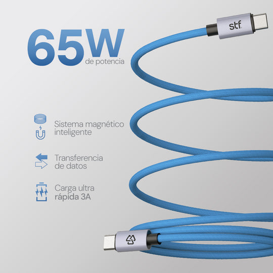 Cable Magnético Tipo C a Tipo C: Carga Rápida, 65W,  Transferencia de datos, Azul