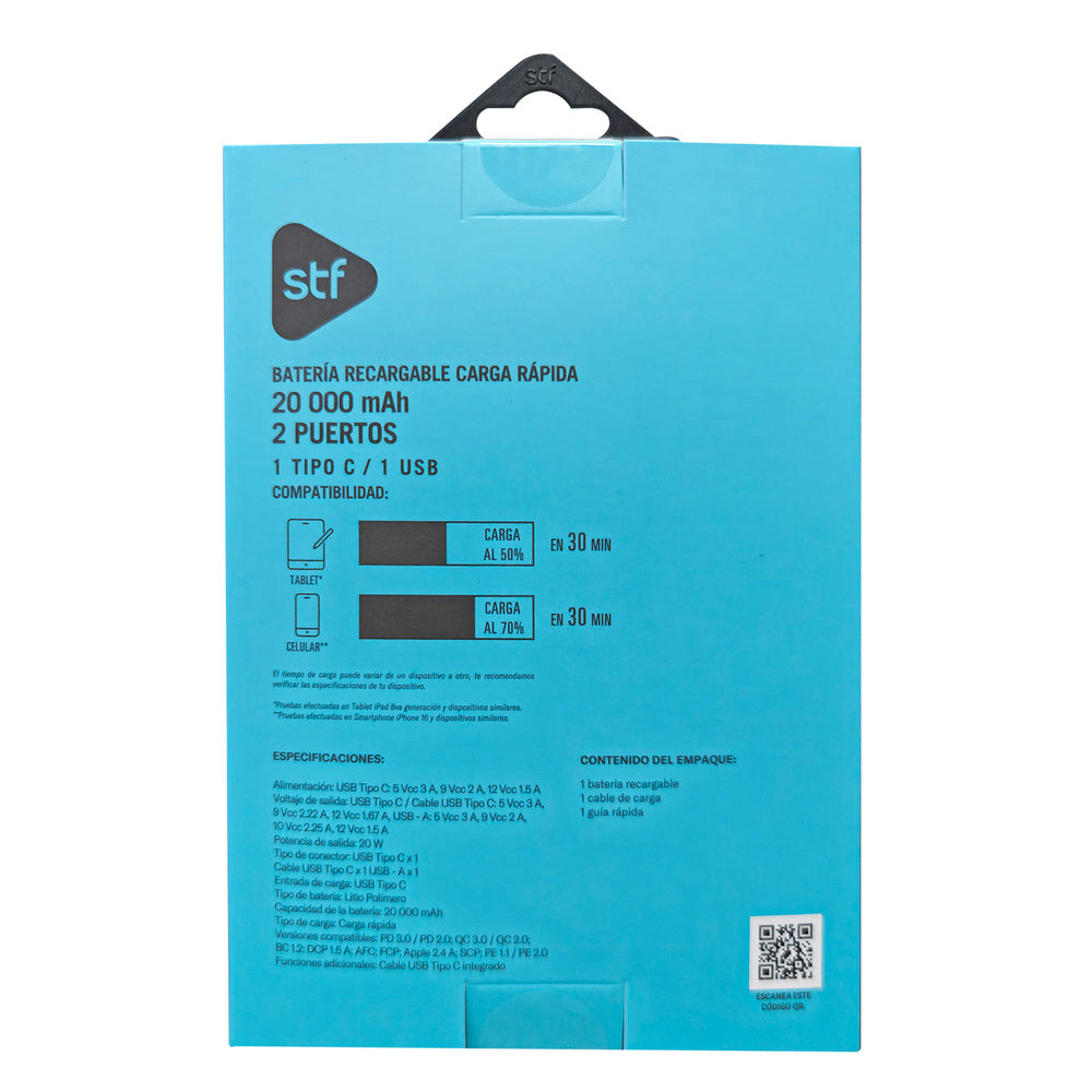 Batería Portátil Power Bank STF 20000 mAh 20W PD Cable tipo C Azul