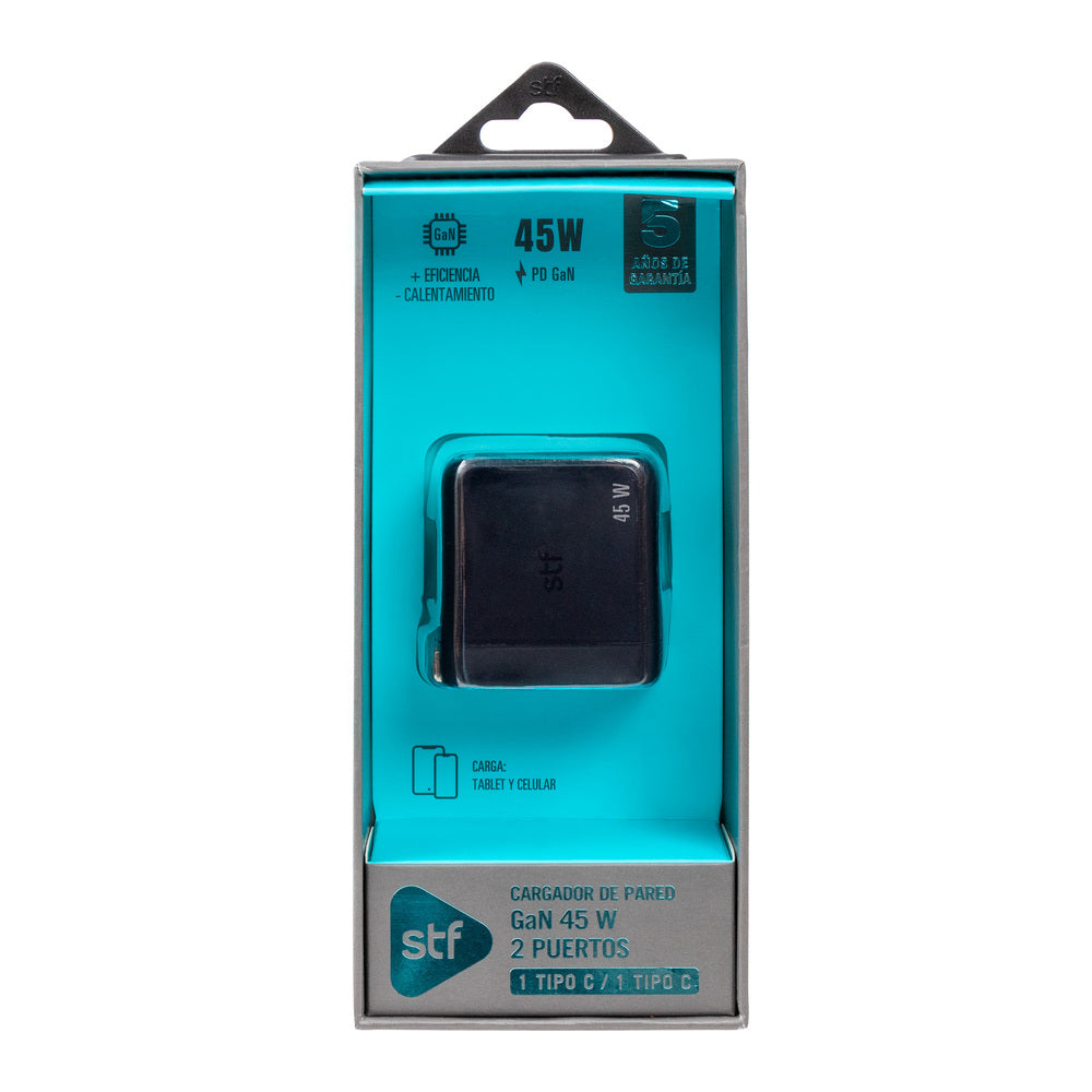 Cargador Pared STF GaN 45W Dual Tipo C Carga Ultra Rápida Enchufe Plegable