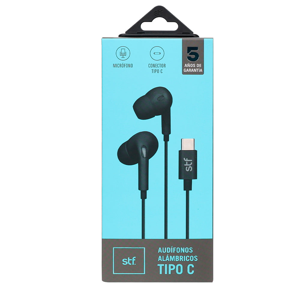 Audífonos alámbricos In Ear STF Tipo C, Manos libres con micrófono, Negro