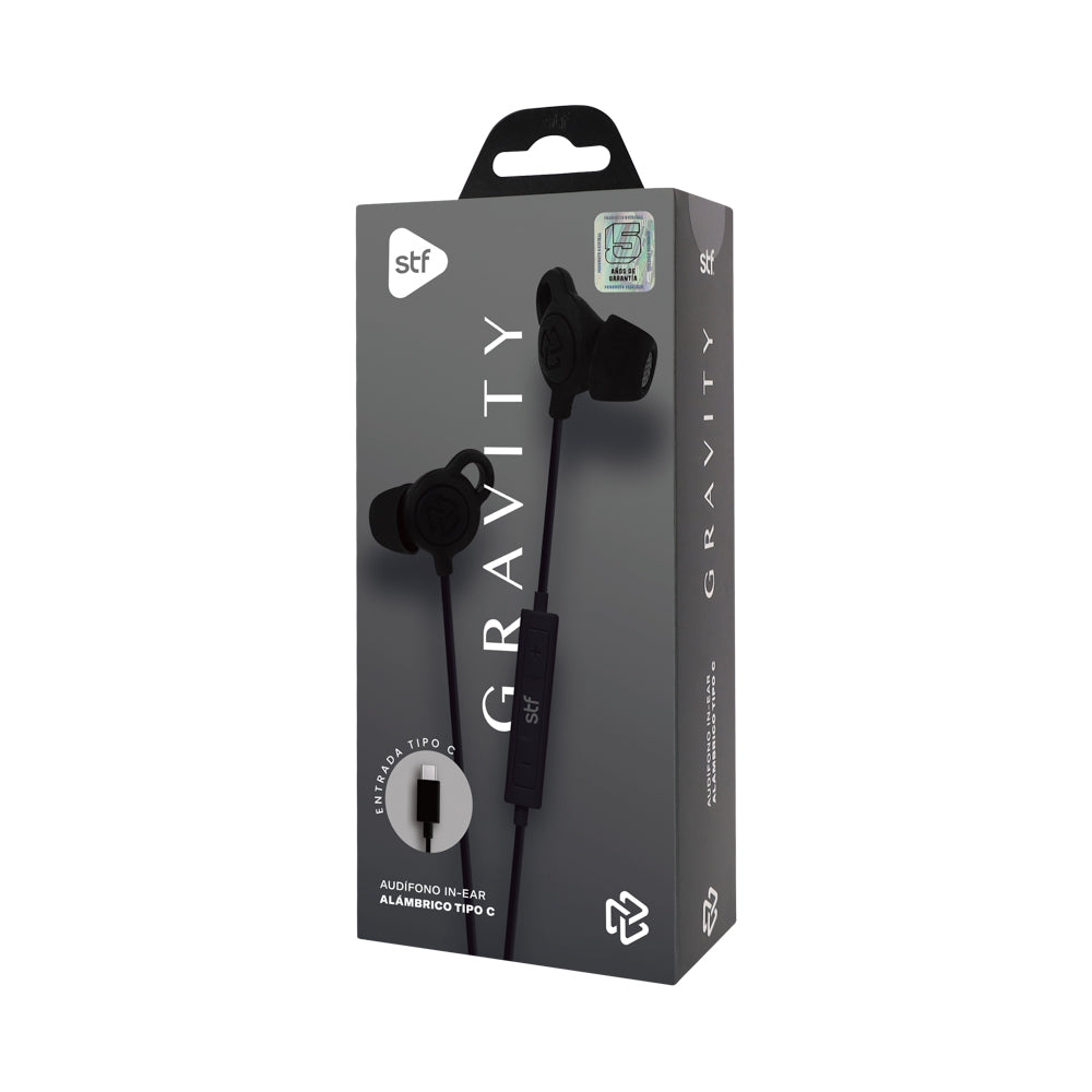 Audifonos alámbricos In Ear Gravity STF Tipo C, Micrófono, Negro