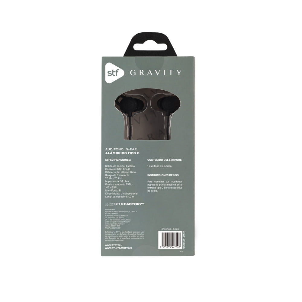 Audifonos alámbricos In Ear Gravity STF Tipo C, Micrófono, Negro
