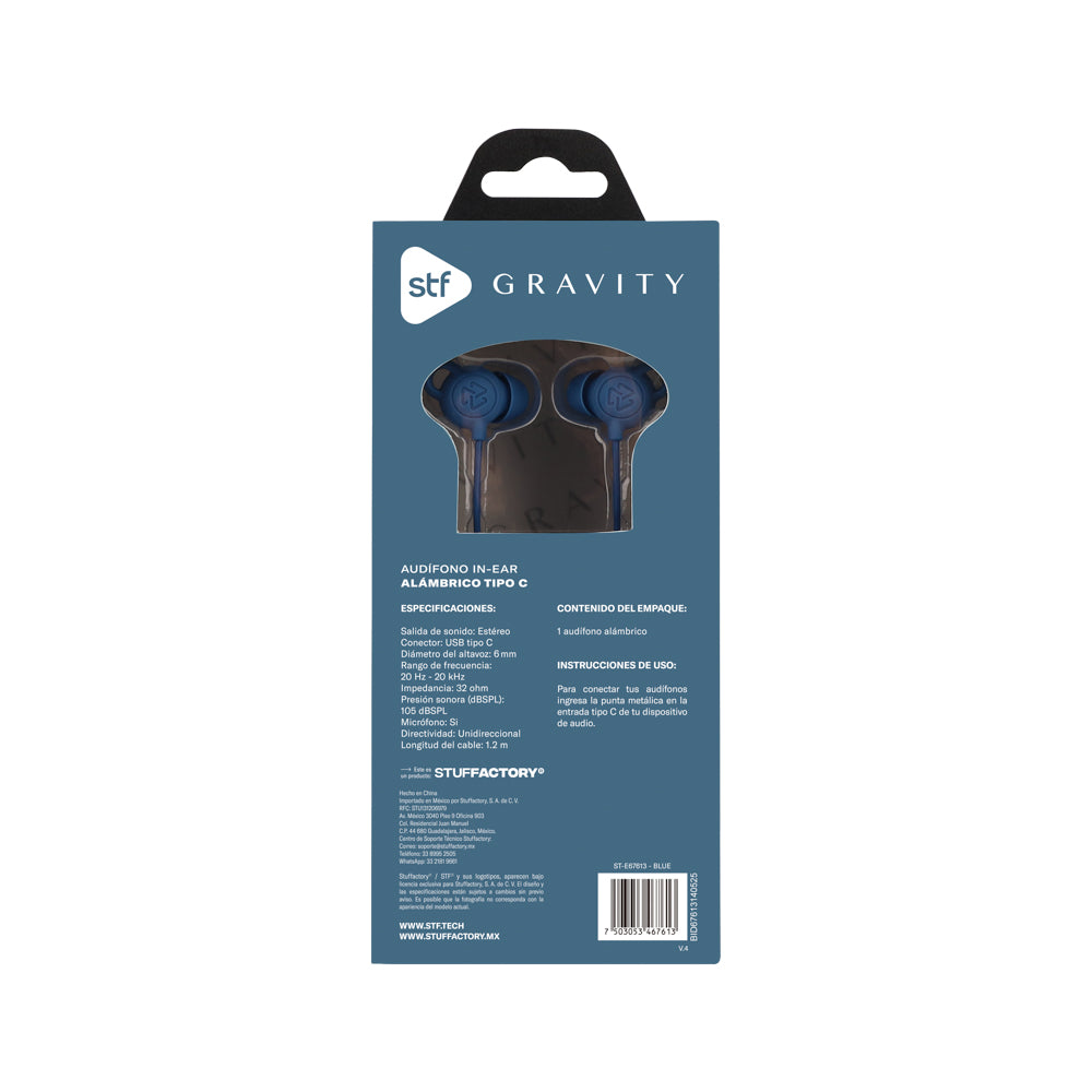 Audifonos alámbricos In Ear Gravity STF Tipo C, Micrófono, Azul
