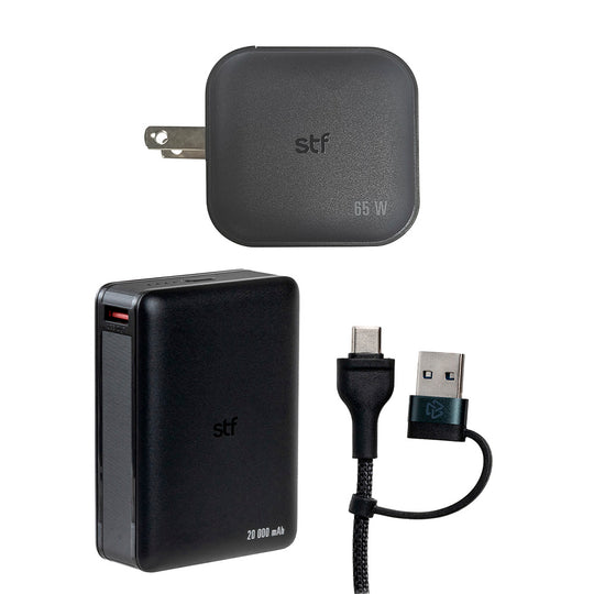 Combo Travel 3 en 1: Cargador de Pared Internacional 65W + Batería Recargable 20,000 mAh + Cable 4 en 1 de 1.8m