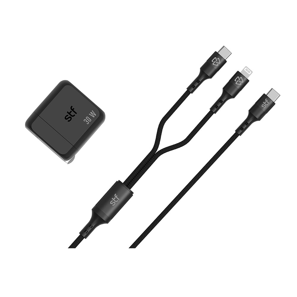 2 Pack Cargador STF GaN 30W + Cable Tipo C/Lightning Carga Rápida PD
