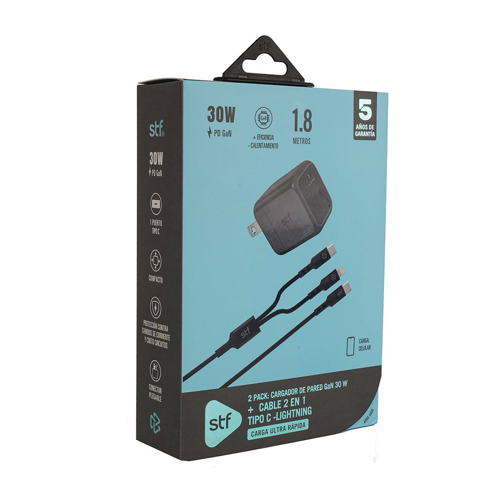 2 Pack Cargador STF GaN 30W + Cable Tipo C/Lightning Carga Rápida PD