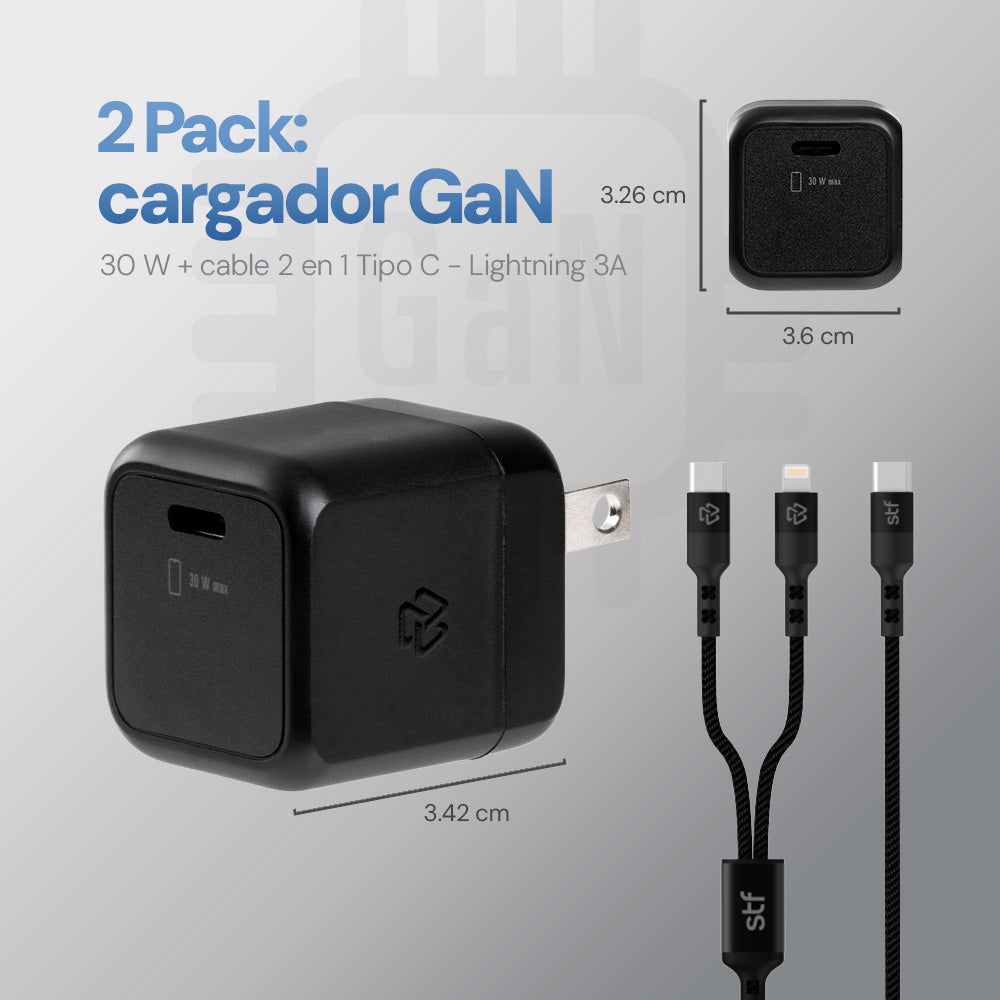 2 Pack Cargador STF GaN 30W + Cable Tipo C/Lightning Carga Rápida PD