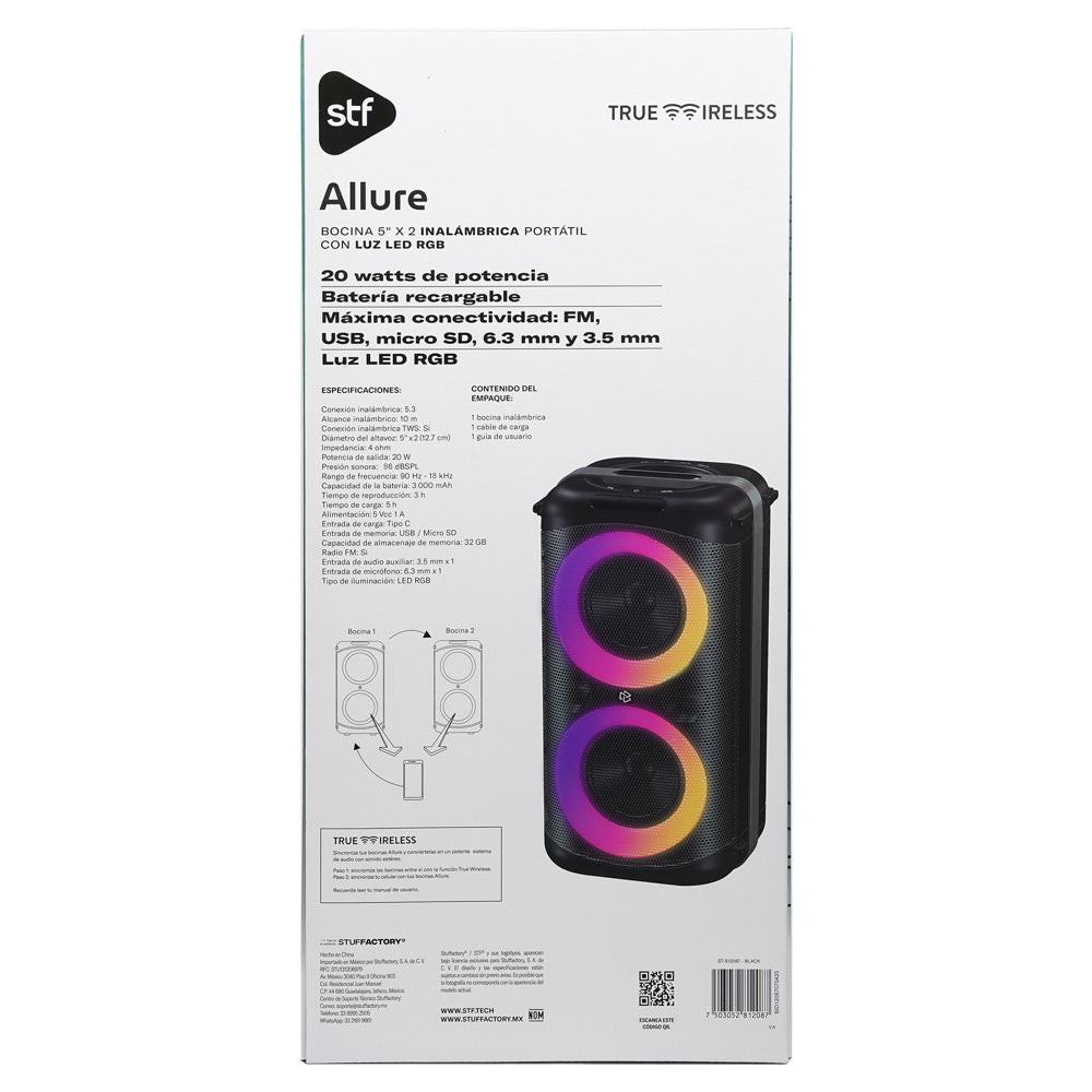 Bocina Portátil Allure 5x2 STF 20W 3hrs Uso Función Tws Negro