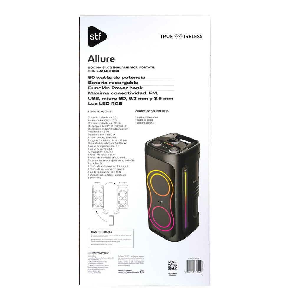 Bocina Portátil Allure 8 STF 60W 3hrs Uso Función Tws