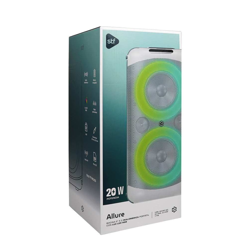 Bocina Portátil Allure 5x2 STF 20W 3hrs Uso Función Tws Blanca