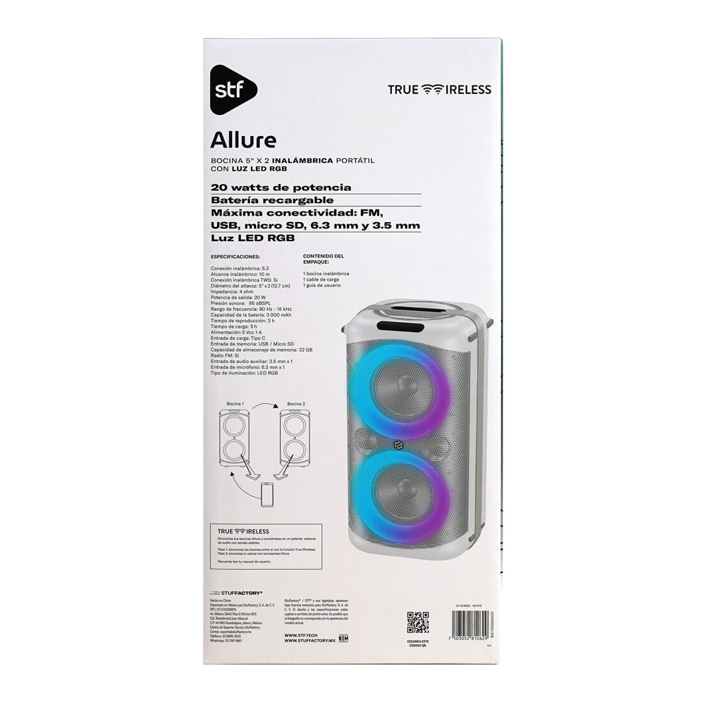 Bocina Portátil Allure 5x2 STF 20W 3hrs Uso Función Tws Blanca