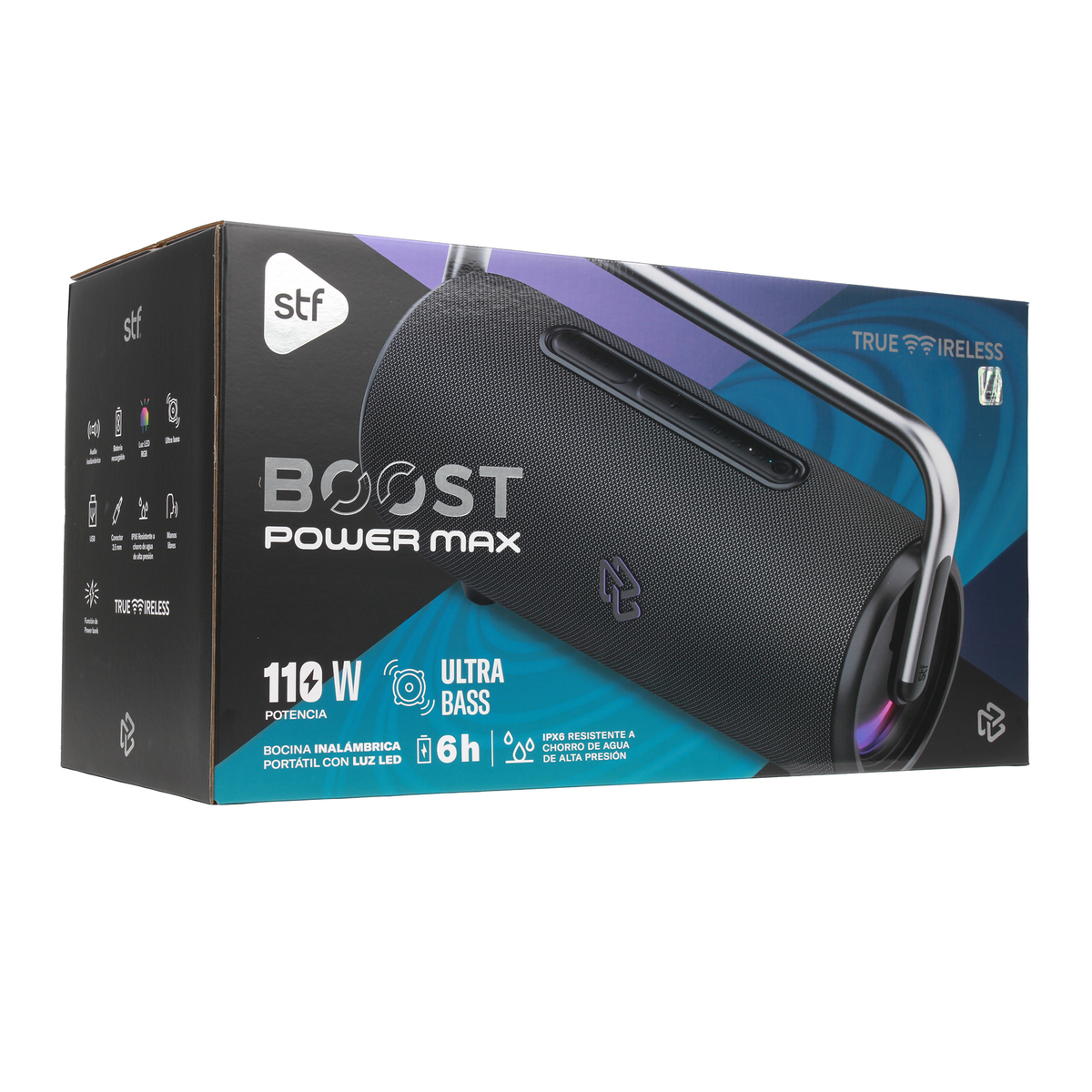 Bocina Portátil Boost Power Max STF 110W 6hrs Uso Función Tws con Power Bank