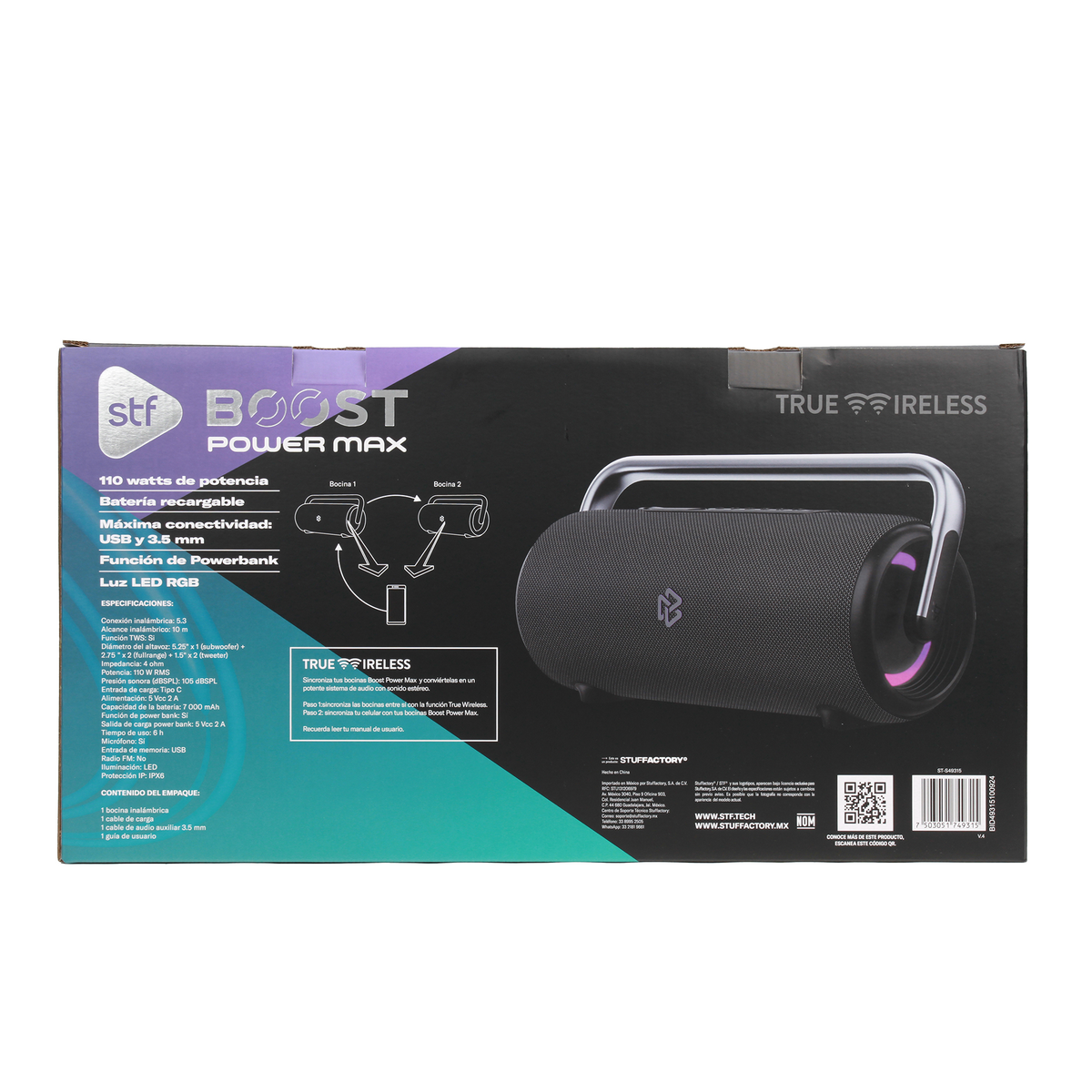 Bocina Portátil Boost Power Max STF 110W 6hrs Uso Función Tws con Power Bank