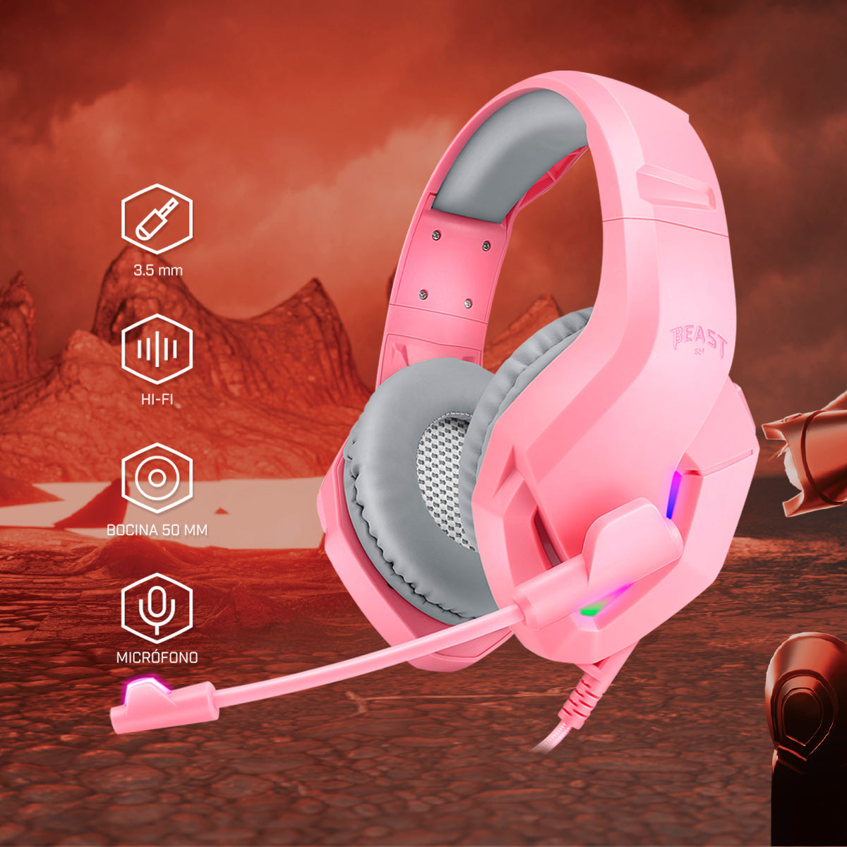 Audífonos Alámbricos Gamer On ear Beast STF Muspell Tournament Hi-Fi, 3.5 mm, Rosa