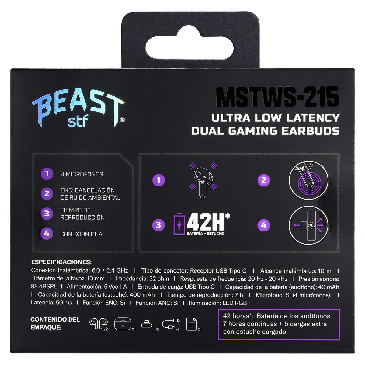 Audifonos Inalambricos Tws MSTWS-215 Gaming Beast STF ANC ENC Doble Conexión Luz Led