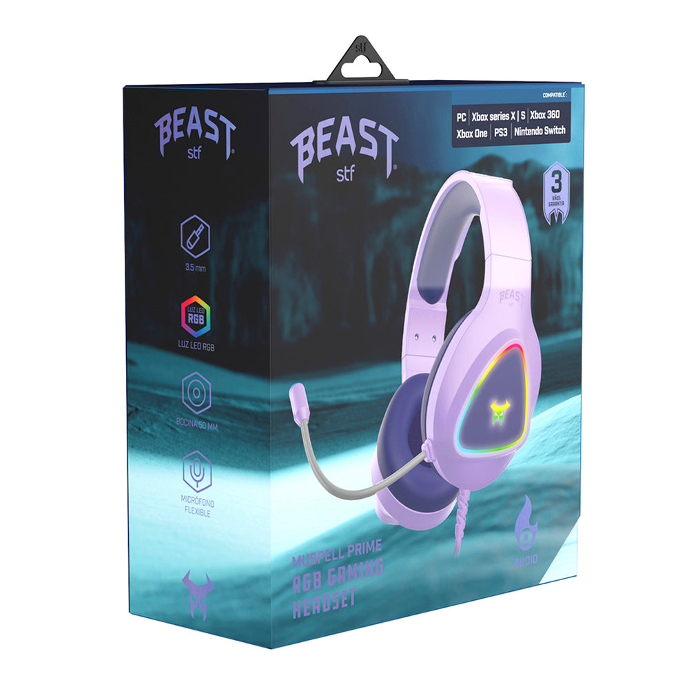 Audifonos Alambricos On Ear Muspell Prime Gaming Beast STF Bocina 50mm Micrófono Luz Led Lila