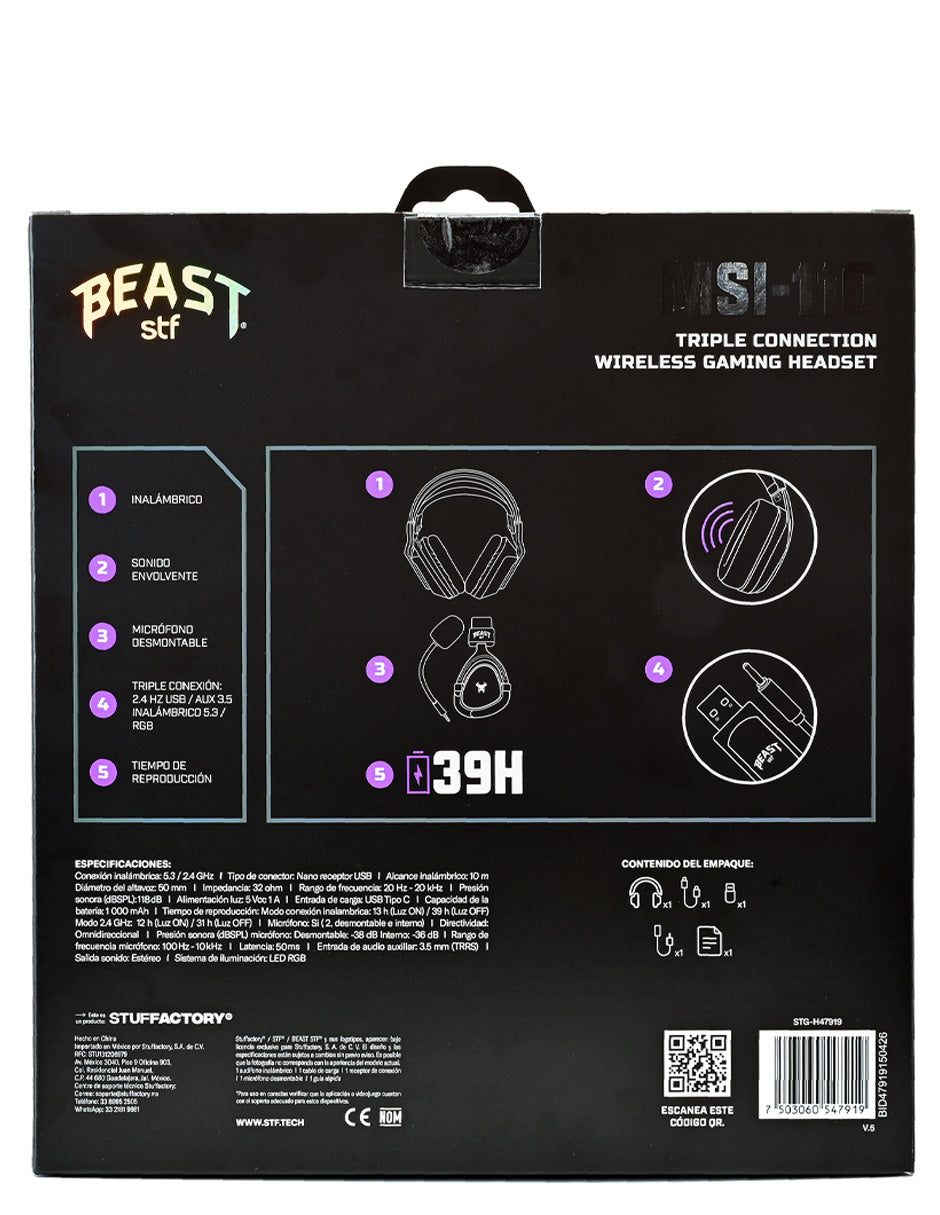 Audifonos Inalambricos On Ear MSI-110 Gaming Beast STF Triple Conexión Luz Led