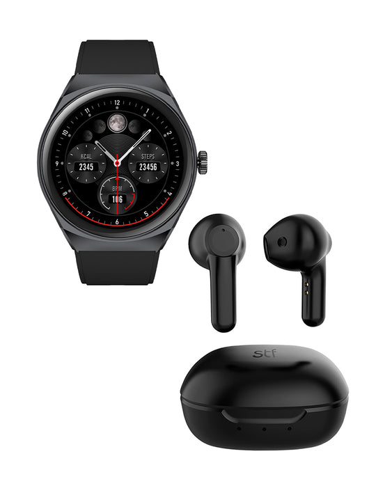 Kit STF Smartwatch Reloj Kronos Trek negro + Audífonos True Wireless Kun