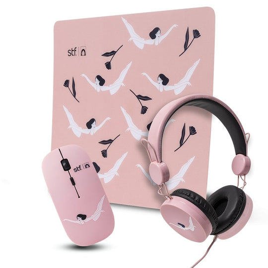 Kit Audífonos, mouse y mousepad | STF Mariana Motoko 3 en 1 | para computadora rosa
