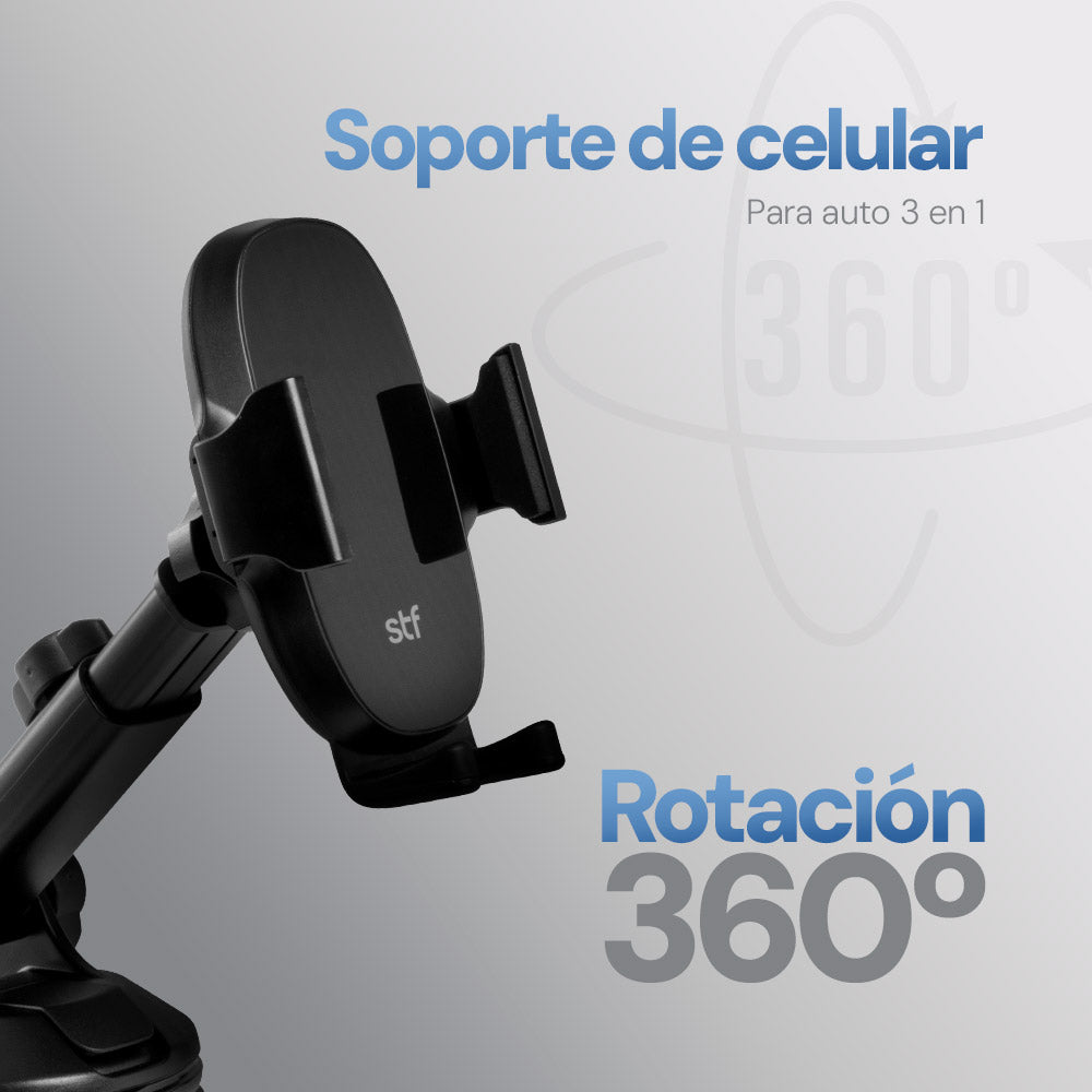 Soporte Celular Auto STF 3 en 1 Tablero, Parabrisas, Ventilación 360° Automático