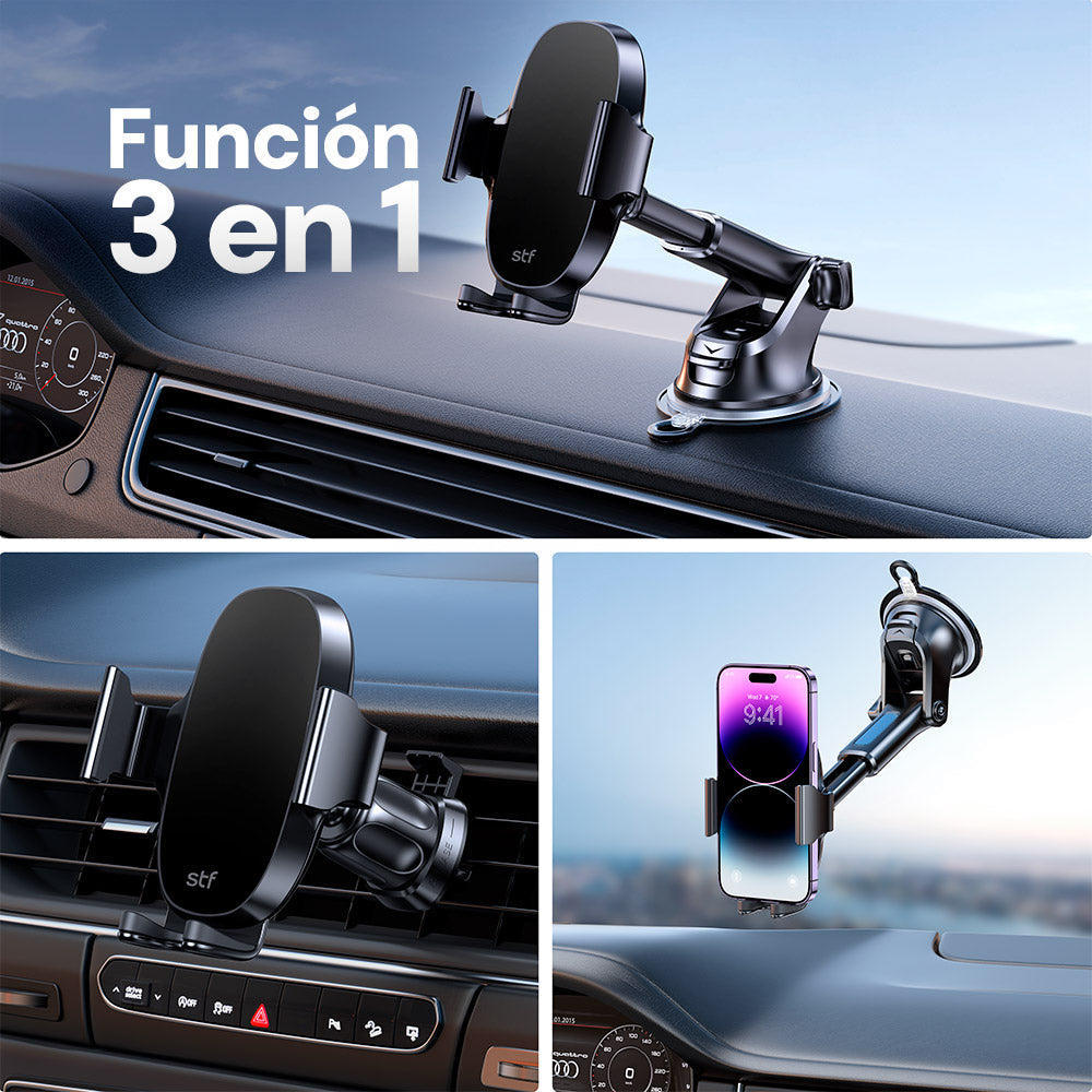 Soporte Celular Auto STF 3 en 1 Tablero, Parabrisas, Ventilación 360° Automático