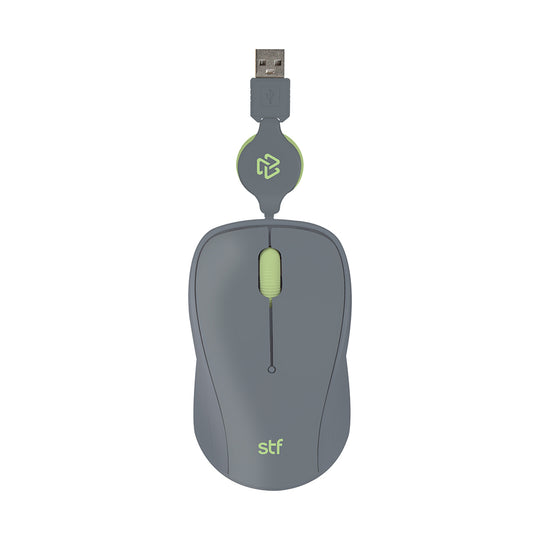 Mouse Alámbrico Retráctil VIVA: 1600 DPI, Ergonómico, USB, 80cm, Gris