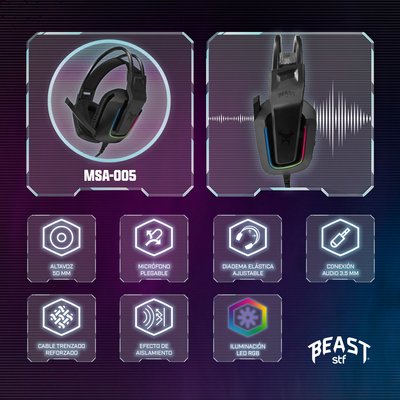 Audifonos Alambricos On Ear MSA-005 Gaming Beast STF Micrófono Conexión 3.5 mm Luz Led
