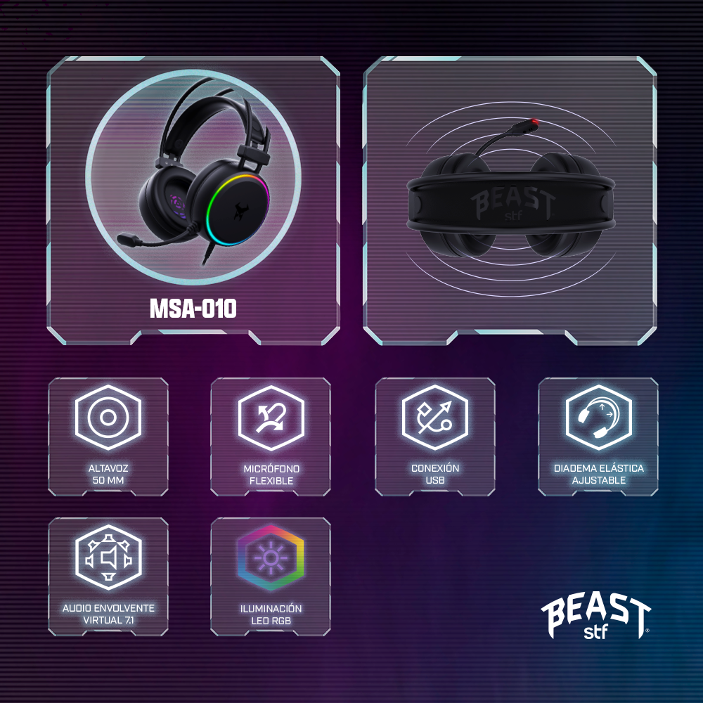 Audifonos Alambricos On Ear MSA-010 Gaming Beast STF Audio Virtual 7.1 Micrófono Luz Led