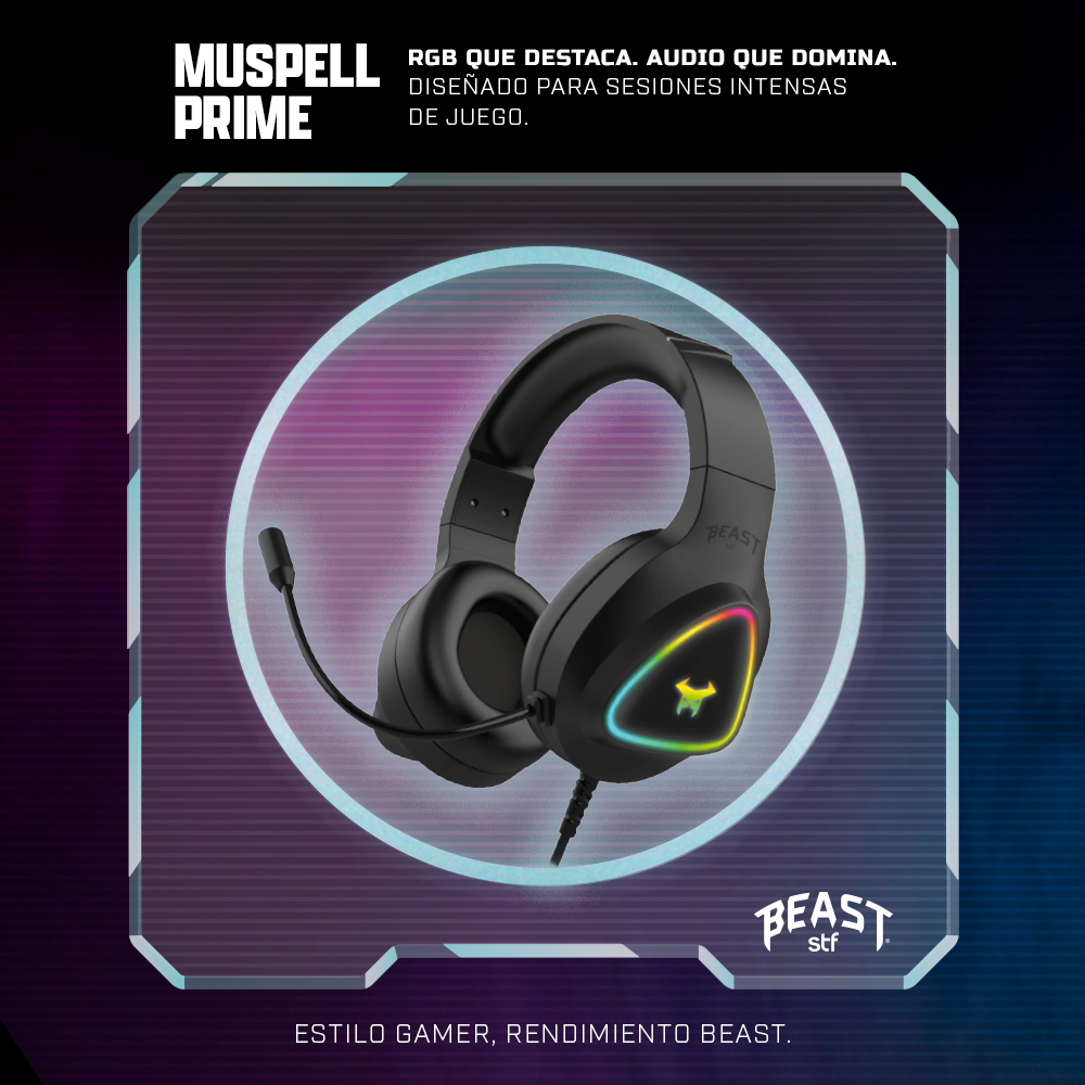 Audifonos Alambricos On Ear Muspell Prime Gaming Beast STF Bocina 50mm Micrófono Luz Led Lila