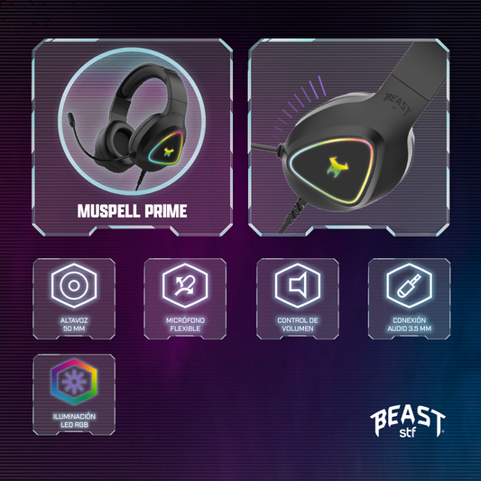 Audifonos Alambricos On Ear Muspell Prime Gaming Beast STF Bocina 50mm Micrófono Luz Led Lila