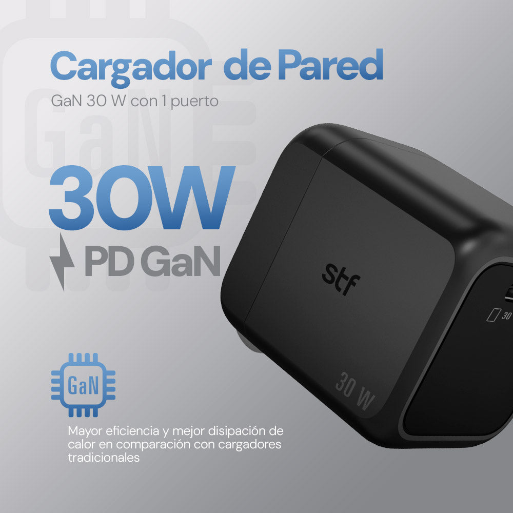 Cargador Pared STF GaN 30W Tipo C Carga Rápida Compacto