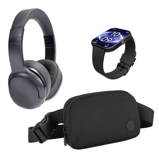 3 kit all in one STF: Audifonos On Ear + Smartwatch + Crossbody Negro