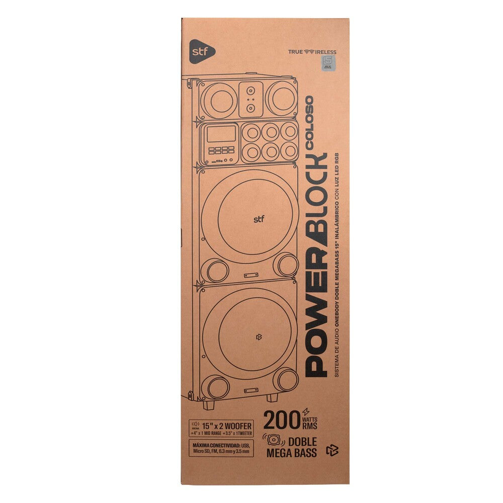 Bafle Inalambrico Power Block Coloso STF 200W Mega Bass 2x15 Luz RGB