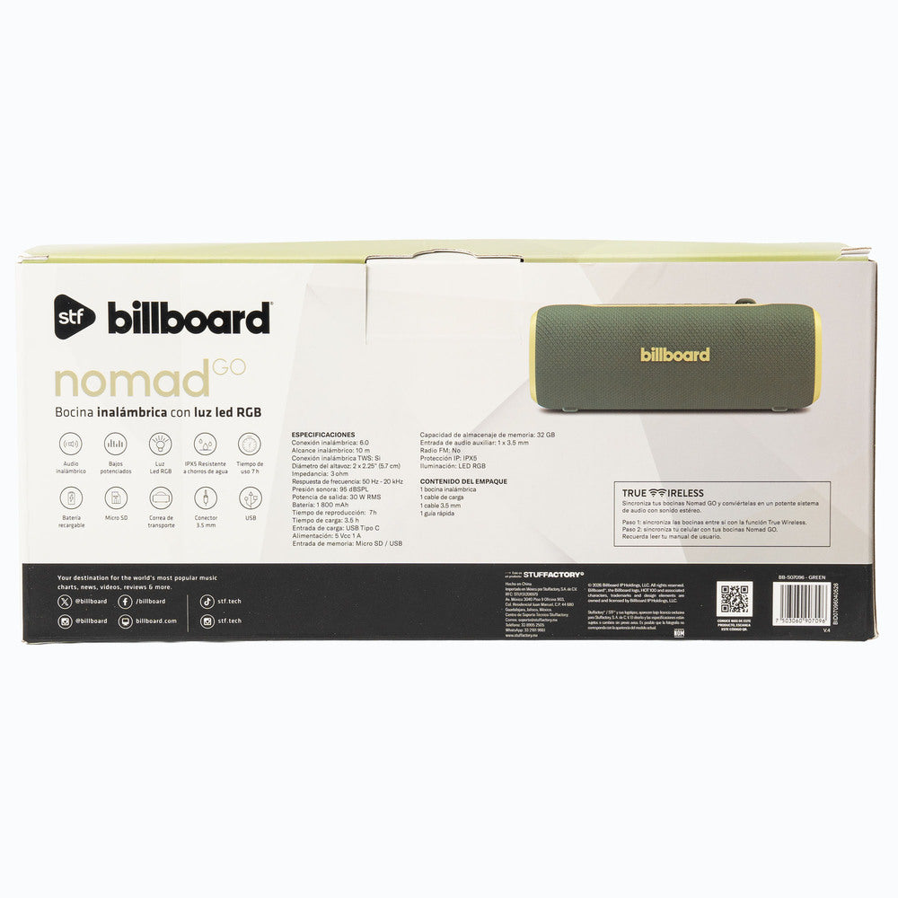 Bocina Portátil Billboard Nomad GO STF 30W 6hrs Uso Función Tws IPX5 Gris