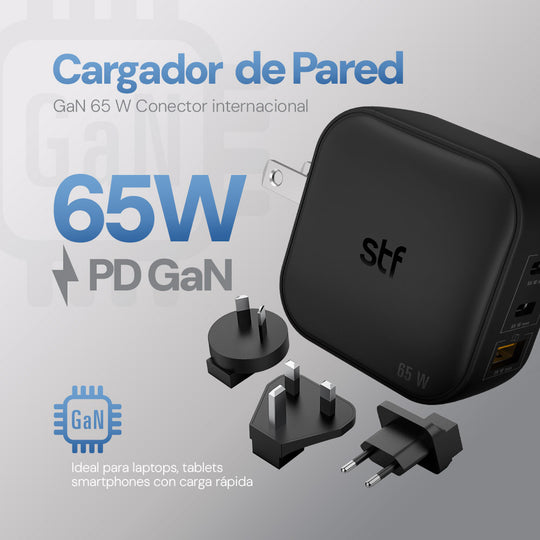 Cargador Pared GaN 65W 3 Salidas + Adaptadores UK/EU/AU Carga Ultra Rápida