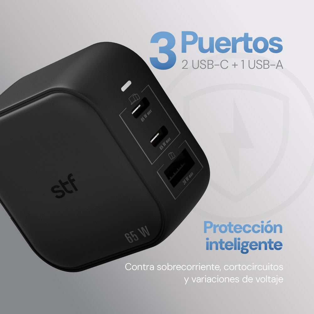 Cargador Pared STF GaN 65W 3 Salidas + Adaptadores UK/EU/AU Carga Ultra Rápida