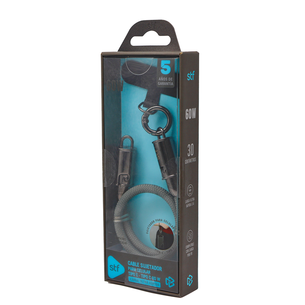 Cable Sujetador Tipo C STF 60W, Carga Rápida, Función Soporte, 30 cm