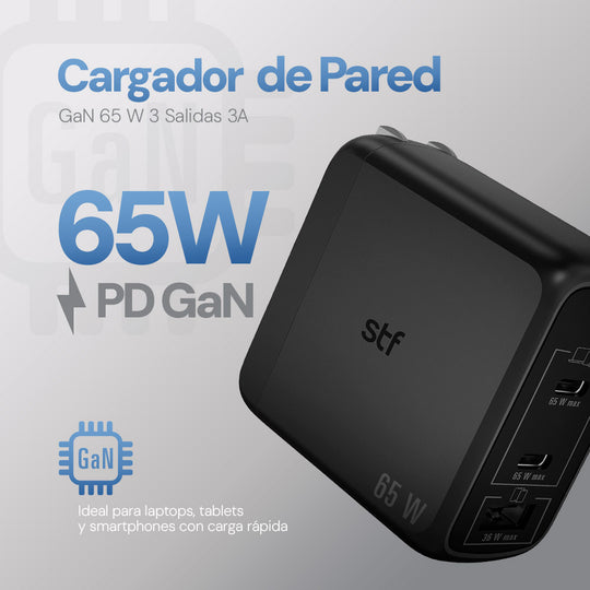 Cargador Pared GaN 65W 3 Salidas Tipo C Dual + USB Carga Ultra Rápida